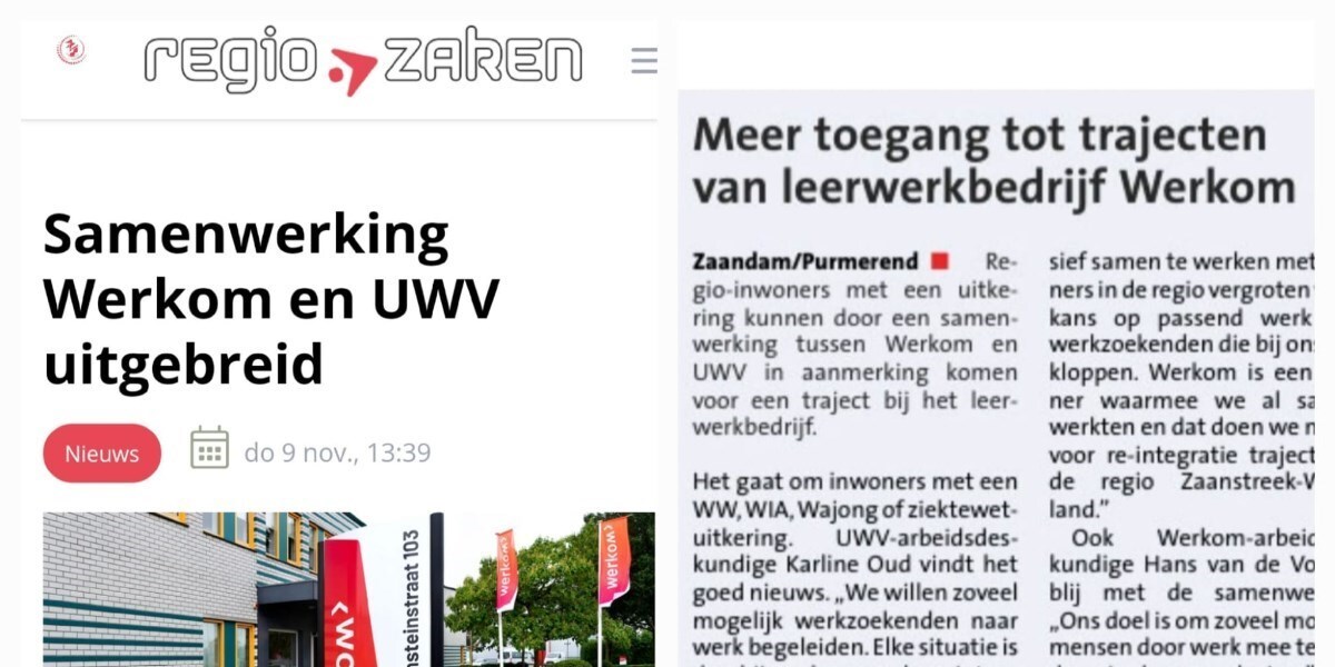 artikel Regio Zaken, Samenwerking Werkom en UWV uitgebreid.